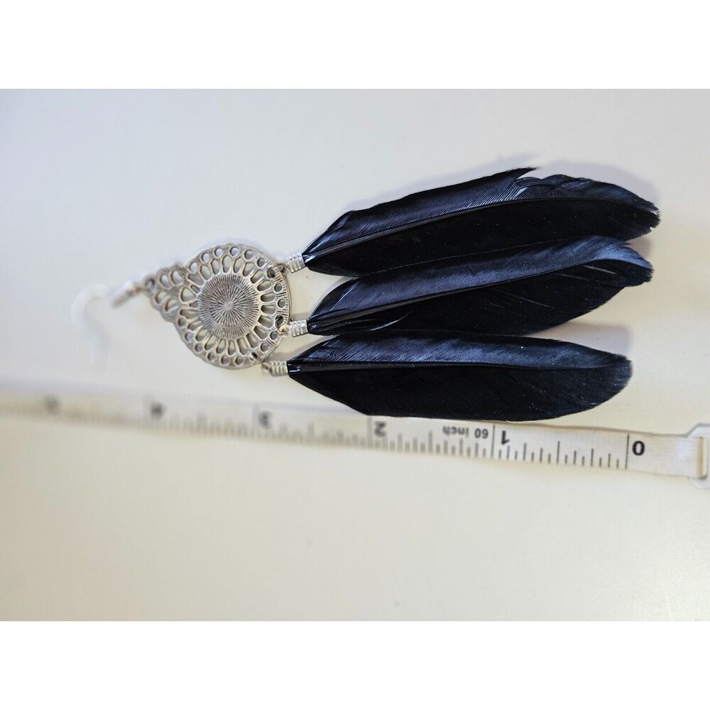 Silver tone black feather statement earrings - Picture 5 of 8